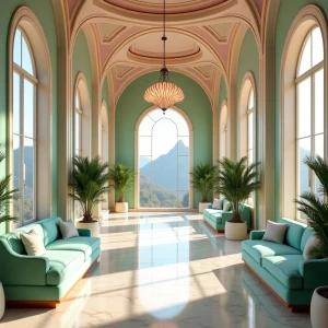 A hyperrealistic palace corridor bathed in sunlight, with pastel...