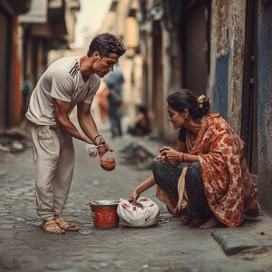 Christano Ronaldo begging in the streets of India,photorealistic...