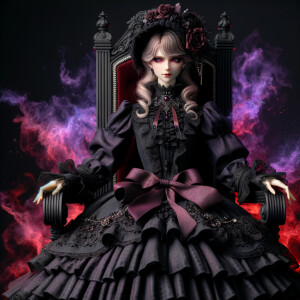 A woman named lilith wearing elegant gothic lolita dress  sitting on the thrones, red purple aura, smirk evil, 3D, humanlike