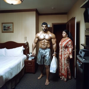 Rewlism,photo,a muscular, sweaty man entering a New York hotel r...