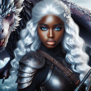 A beautiful huntress from the “Monster Hunter” series, dark skin...