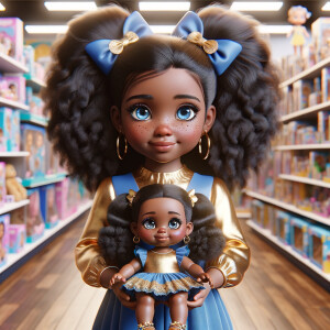 Create a 3-D image of an african-American little girl inside of a medium size, toy store. The little girl has thick long, ponytails and huge blue eyes. She has on a gold and blue jumpsuit with matching bows, She is playing with her favorite african-American cabbage patch doll, the doll has deep, dimples, and freckles and looks just like her