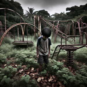 A boy stands in fright on an abandoned rusty overgrown playgroun...