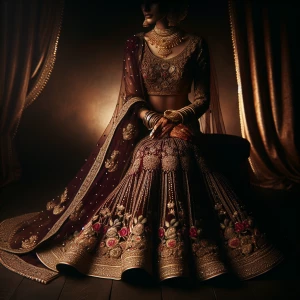 An Indian bride dressed in a traditional, deep-colored lehenga w...