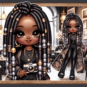 A chibi-style African American woman with elegant locs decorated...