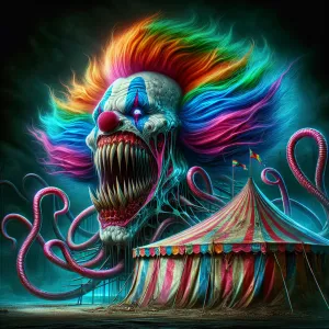 Psychedelic surrealist horror illustration, a vivid and unsettli...