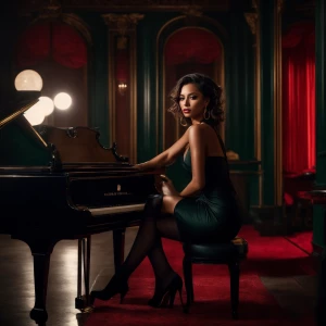 Refined, detailed woman seated sideways on a black stool next to...
