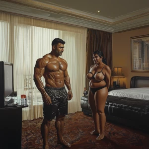 Photorealism,realism style, a muscular, sweaty man entering a Ne...