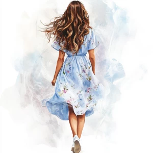 Create an image of a tall woman whose long, wavy brown hair casc...