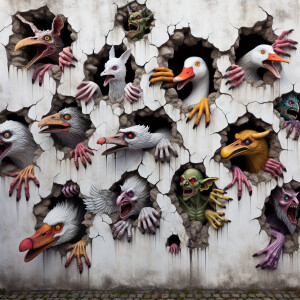 cracked weathered white wall with vibrant vivid demonic Geese, g...
