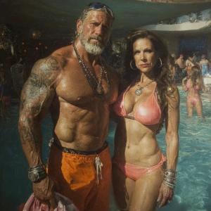 Hyperrealism ,a latin muscular beefy bearded tattoed sweaty ma...