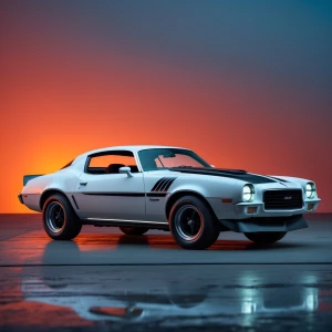 "Visualize a 1974 Camaro with a sleek white paint job accentuate...