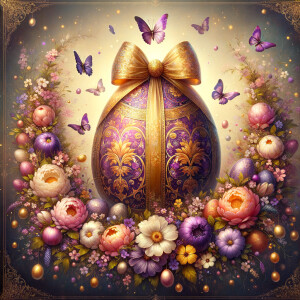 A luxurious and ornate Easter-themed image featuring a large cen...