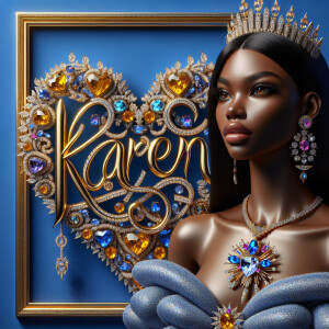 Craft a 3-D image showcasing the name 'KAREN' in a luxurious gol...