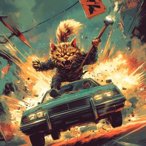 A wild, high-energy cat with spiked fur and a giant mallet, ridi...