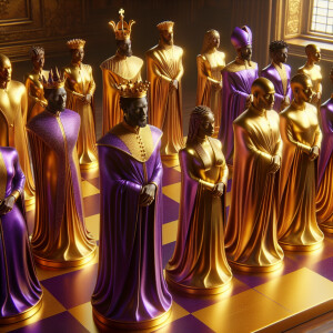 3-D realistic oil, painting, Oh a gold, and purple human chessbo...
