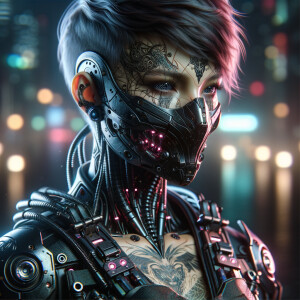 Cyberpunk-themed artwork; A close-up of a short haired, skin head female cyborg wearing a highly detailed scratched mask and tactical armor, in the style of Guweiz, featuring a sharp, black dragon head with neon accents, beautifully infected machine parts, a detailed feminine face with tattoo, futuristic hairstyle, and terminals on the cyborg. Background is blurred cityscape.