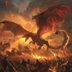 A majestic dragon gracefully flies above a chaotic battlefield,...