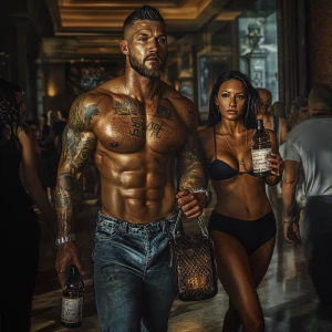 Hyperrealism-photo fantasy,A sweaty tattoed muscular  man walkin...