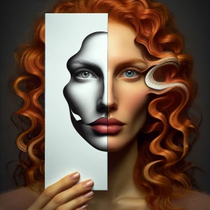 Create a portrait of a woman with ginger hair in an abstract sty...