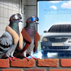 A whimsical scene of two pigeons with flight goggles on their he...