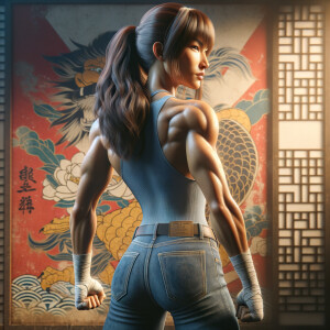 Athletic Thin skinny Attractive, Asian teenage girl, long brown hair and bangs, wearing tight skinny jeans and a halter top paint marks on her clothing, heroic pose Asian graffiti background, backside view