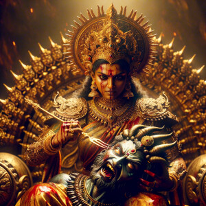 portrait of angry looking goddess durga sitting on a gold crown and carrying a weak mahishasur on her lap and stabbing him with her amazingly designed trident. She is wearing gold armor, a huge gold crown, gold saree, abundant  gold jewelry, covered in blood. The scene is set in ancient India. The image is 8K resolution, cinematic, ultra detailed face and epic.