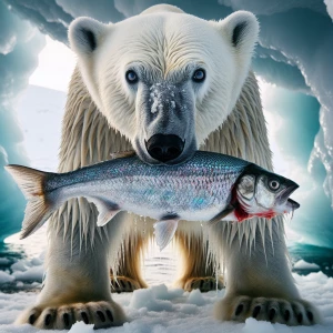 Polar bear with a fish in its mouth, facing the camera,  Nationa...