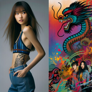 Very thin Athletic Thin skinny Attractive, Asian teenage girl, long brown hair and bangs, wearing tight skinny jeans and a halter top paint marks on her clothing, sitting side view heroic pose Asian graffiti