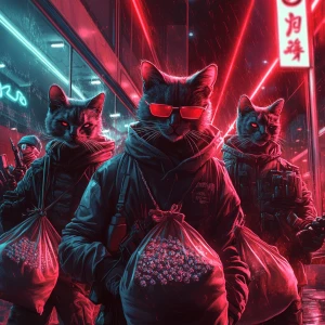 A gang of armed street cats in masks and streetwear breaking int...