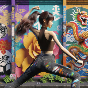 Athletic Thin skinny Attractive, Asian teenage girl, long brown hair and bangs, wearing tight skinny jeans and a halter top paint marks on her clothing, heroic pose Asian graffiti background, backside view