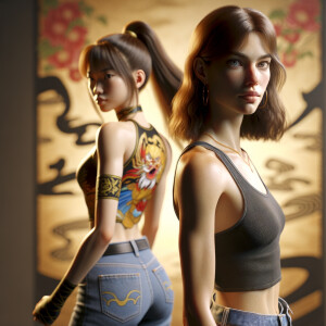 Athletic Thin skinny Attractive, Asian teenage girl, long brown hair and bangs, wearing tight skinny jeans and a halter top paint marks on her clothing, heroic pose Asian graffiti background, backside view