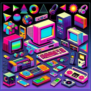 Iconic Visual Style: Bright, neon colors, geometric shapes, play...