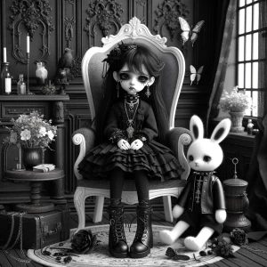 Create an image of a very sad little gothic girl doll, featuring...