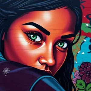Design a 3D street art mural in a graffiti style, depicting a wo...