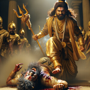 portrait of angry looking, indian goddess trampling a defeated m...