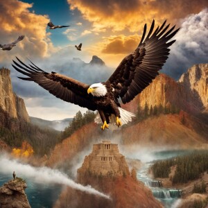 Generate an image of a regal eagle in flight, seamlessly superim...