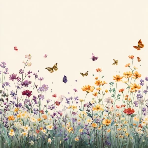 Wildflower field, butterflies flying, in vintage watercolor styl...