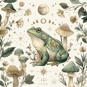 Whimsical illustrated frog, mushrooms, moon phases, mystical for...