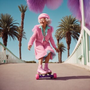 An elderly woman roller skating under a clear blue sky, her face...