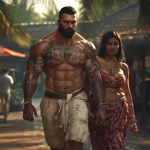 A muscle-bound, tattooed man, appearing as a fearsome criminal f...