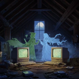 dusty attic at midnight, moonlight streaming through a large win...