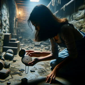 The girl stands in a dark gloomy basement and finds a locket wit...