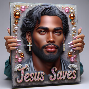 A 3D realistic artwork featuring the phrase 'Jesus Saves' adorne...