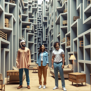 Two men and one woman standing in a maze of rooms