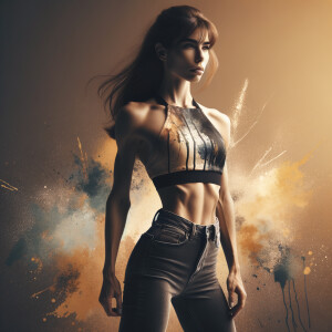 Athletic Thin skinny Attractive, Asian teenage girl, long brown hair and bangs, wearing tight skinny jeans and a halter top paint marks on her clothing, heroic pose Asian graffiti background, side view