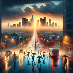 A depiction of Los Angeles in the evening following a rainy day,...