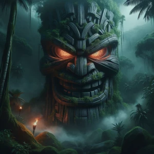 "Imagine a dark, foreboding jungle at dusk, shrouded in a thick...