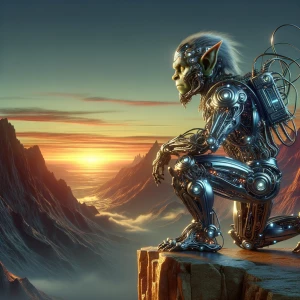 In the soft golden light of dusk, a technologically advanced gob...