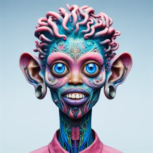 A woman with large eyes and broad pink arms is holding her chest...
